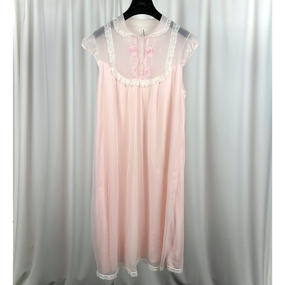 Vintage Other - Vintage 60s Pink Sheer Nightgown | Belinda Lace Nylon Slip S/M
